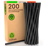 200 Wiederverwendbare Umweltfreundliche Strohhalme aus Starrem Biokunststoff 21cm x 6mm Made in Italy Biologisch Abbaubar und Kompostierbar Ideal für Getränke Cocktails und Partys - Farbe Schwarz