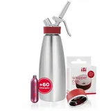 iSi Sahnesyphon Gourmet Whip 1L + 60 Kapseln + Verschlusskappe, Edelstahl, (Spar-Set, 62-tlg) Mit 60 Sahnekapseln, Für kalte und warme Gerichte, Viele Anwendungen silberfarben