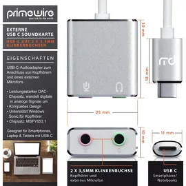 Primewire Externe Soundkarte USB C, USB Typ C auf Klinke 3,5mm, Kopfhörer Adapter, Audio zu USB Adapter, DAC, kompatibel mit Samsung, Huawei UVM.