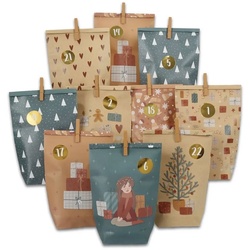 PAPIERDRACHEN befüllbarer Adventskalender Adventskalender mit bedruckten Tüten, Adventskalender zum selber befüllen beige