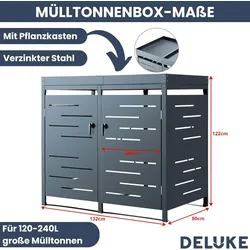 DELUKE® 2er Mülltonnenbox CHANO - mit Pflanzendach für 120-240L Tonnen| Mülltonnenverkleidung für 2 Tonnen 240L Müllbox aus Metall | Anthrazit