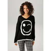 Aniston CASUAL Strickpullover mit eingestricktem Smiley, Gr. 36/38, schwarz-wollweiß,