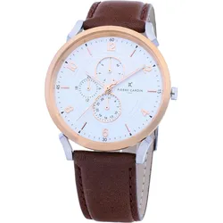Pierre Cardin Herren Armband-Uhr mit Multi-Ziffernblatt analoge Quarz-Uhr mit Leder-Armband 3ATM 44mm CPI.2060 Braun/Rosegold/Silber - One-Size