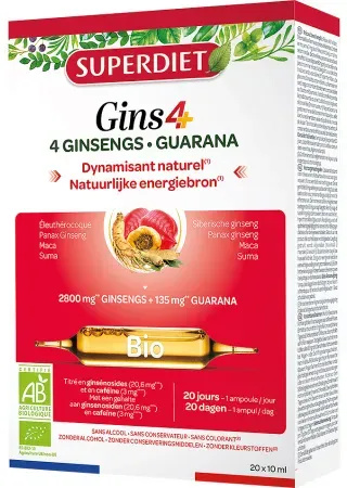 Super Diet Gins4+ Bio 4 Ginseng + Guarana Natürlicher Energiespender 20x10ml