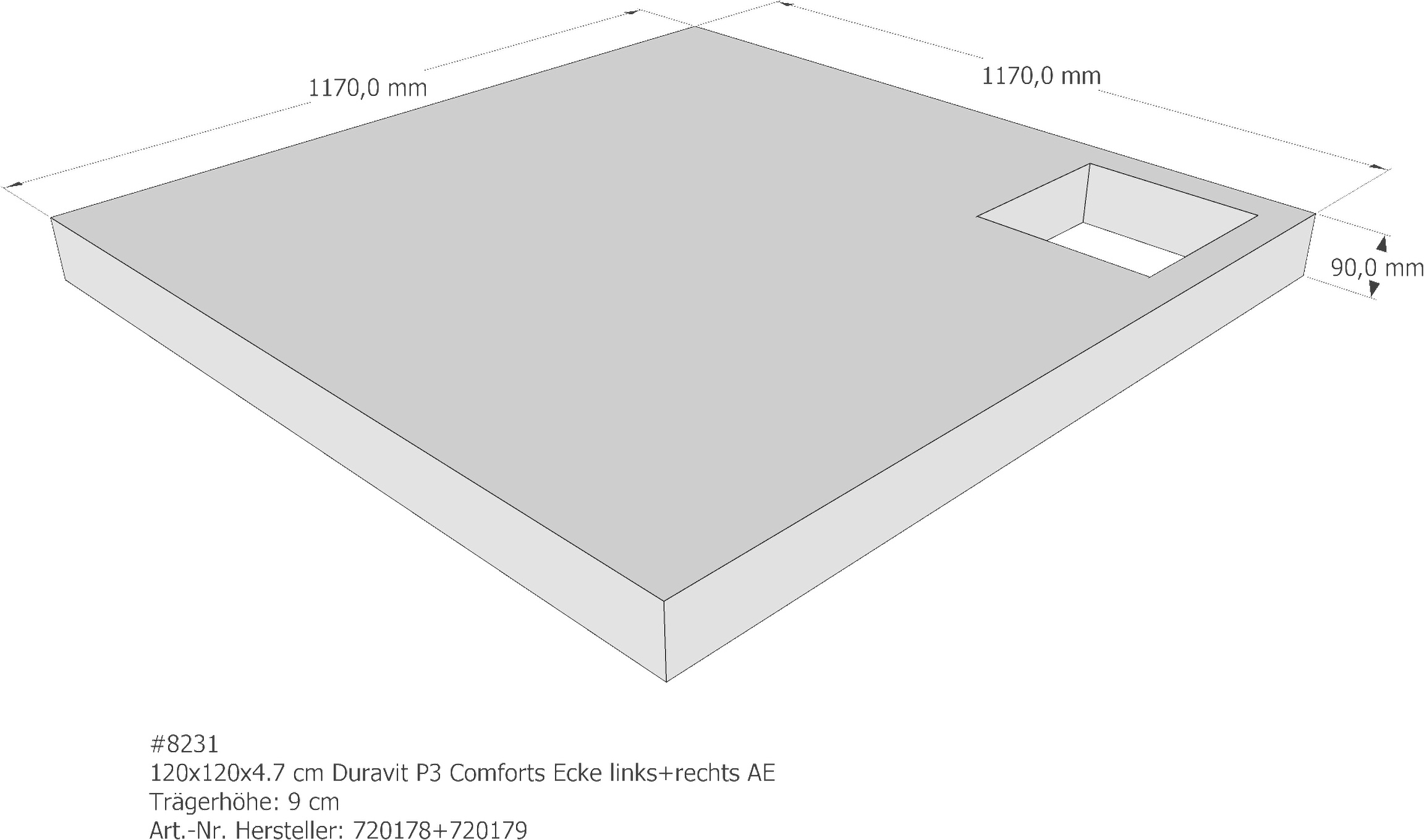 Duschwannenträger Duravit P3 Comforts 120x120x4,7 cm Ecke links + Ecke rechts AE