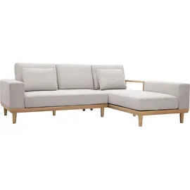 miliboo Ecksofa rechts 5-Sitzer mit Stauraum beiger Stoff mit strukturiertem Samteffekt und helles Holz KOMAO