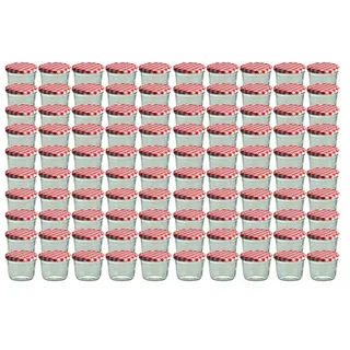 Mambocat 100er Set Sturzglas 230 ml Marmeladenglas Einmachglas Einweckglas To 82 rot karierter Deckel incl. Diamant-Zucker Gelierzauber Rezeptheft