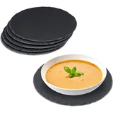 Relaxdays Schieferplatte 6er Set rund, 25cm Ø, Pizzateller zum Servieren & Beschriften, Buffet, Servierplatte, anthrazit