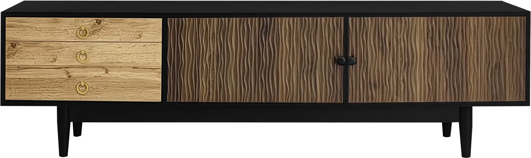 TV Schrank, mit 2 Türen und 3 Schubladen, Soft-Close Funktion, einzigartigem Wellenmuster Türpaneele, Naturfarbe, 180x38x50 cm   Aosom.de