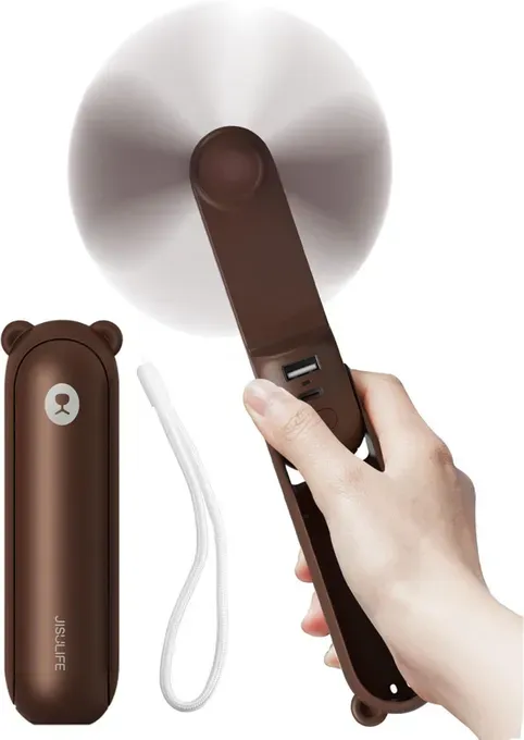 JISULIFE Mini-Handventilator F8X, 4500 mAh Powerbank [max. 37 Std. Laufzeit], Taschentauglich, 3 Geschwindigkeitsstufen, Geschenk für Damen, Herren und Kinder, Braun