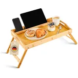 Blumtal Betttablett aus Bambus mit Holzstrebe für Tablets/Handys - Frühstückstablett fürs Bett - Betttisch klappbar 50 x 30 x 6 cm - Tablett Serviertablett mit Beinen - Stabiler Bett Tisch Natur