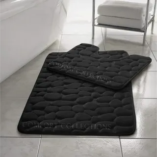 Comfort Collections Badvorleger-Set, rutschfest, weich, WC- und Badteppich, Memory-Schaum, Kieselstein-Design, Farbe: Schwarz, 2-teilig