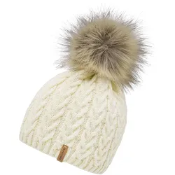 Bommelmütze CHILLOUTS "Tabea Hat", Damen, beige, Feinstrick, Materialmix, unifarben, Zopfmuster, Fellimitat, meliert, feminin,modisch, Mützen, mit abnehmbarem Kunstfell-Bommel