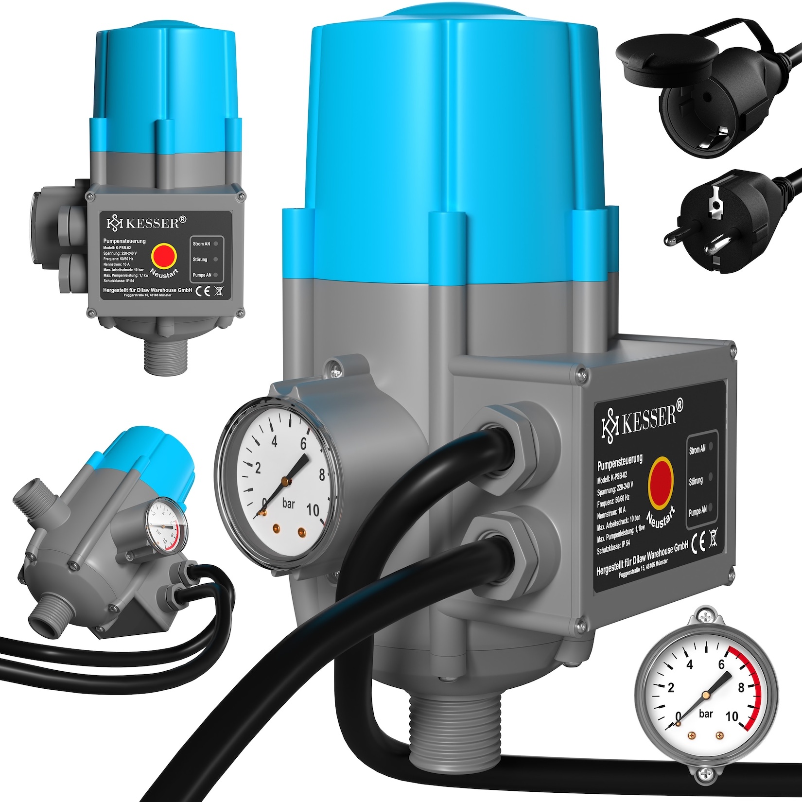 KESSER® Pumpensteuerung mit Baranzeige mit Kabel 10 bar Druckwächter elektrisch Druckschalter überwacht den Wasserdruck - automatisches Ein- und Ausschalten