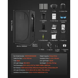 Vevor Growzelt-Set mit Vollspektrum-LED-Zuchtlicht 100 x 100 x 200 cm Schwarz