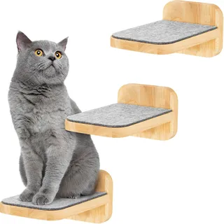 Happy Pet HAPPYPET Katzentreppen 3er-Set für Wandmontage - Nachhaltiges Hartholz, Designer Kletterwand Katzen, Katzentreppe mit Filzbezug, Katzenleiter, Katzenwand zum Klettern, Catwalk Natur 3x Stufen M