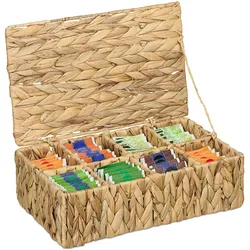 Relaxdays Teebox, 8 Fächer, 110 Teebeutel, geflochtener Tee-Organizer, HxBxT: 10 x 33 x 20,5 cm, Wasserhyazinthe, natur