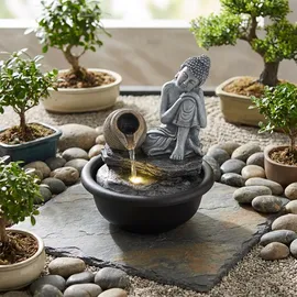 GLOBO 2x Springbrunnen Buddha Zimmerbrunnen Kaskade Wasserfall grau Deko LED H 19 cm
