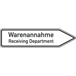 Schild I Wegweiser Warenannahme/Receiving Dep., 2-spr., rechtsweisend, Aluminium RA0, 1400x350mm, DIN 67520