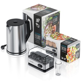 Arendo Frühstücks-Set, Wasserkocher 1,5 Liter, 6er Eierkocher, Silber