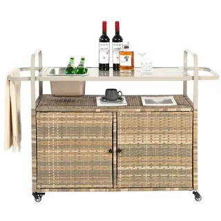 Merax Servierwagen Outdoor mit Eisbehälter, PE-Rattan Barwagen mit Schrank & Stahlplatte, Garten Bar Tisch auf Rollen, mit Handtuchhalter, Beige