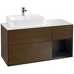 Villeroy und Boch Finion Waschtischunterschrank F151PDGN 120cm, Abdeckplatte white matt, Regal rechts Black matt lacquer, Walnut veneer