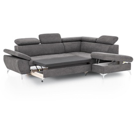 Mivano Livetastic Ecksofa Gisele / Eckcouch mit Schlaffunktion, Stauraum, Armteilfunktion und Kopfteilverstellung / 256 x 83 x 209 / Velours, Dunkelgrau