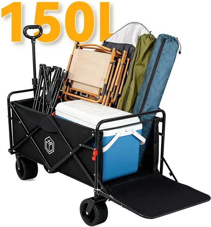ochama Panzerrad-Campingwagen 150L mit Heckklappe, 260kg Tragfähigkeit, 450L Stapelkapazität, Doppelbremse explosionssichere Räder, verstärkter Kohlenstoffstahlrahmen, dicke PP-Bodenplatte, für Camping, Picknick, Marktstand, Umzug