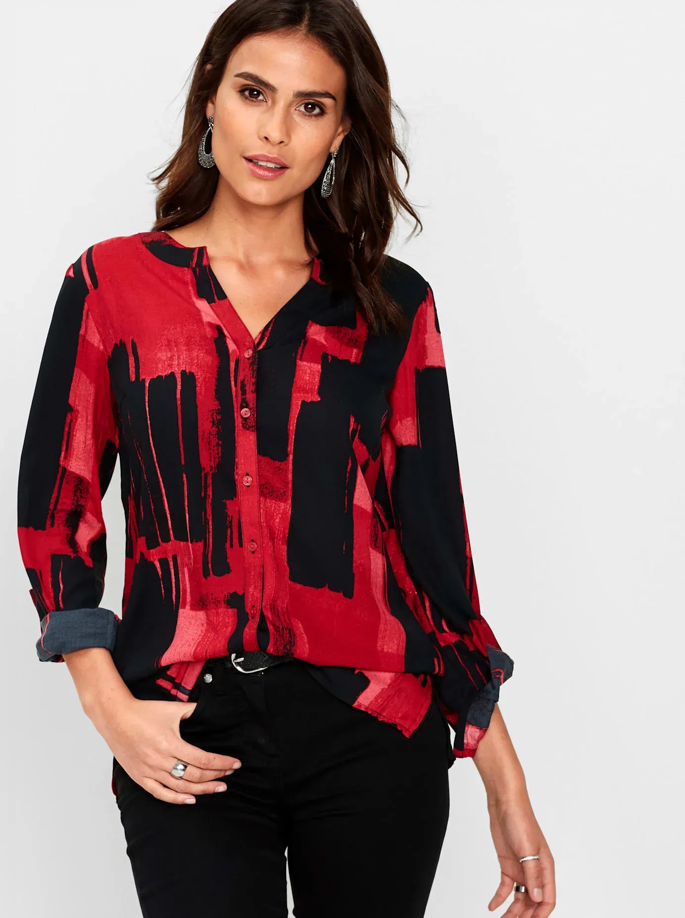 Langarmbluse INSPIRATIONEN, Damen, Gr. 46, bunt (schwarz, rot, bedruckt), 100% Polyester, gemustert, V-Ausschnitt, Blusen