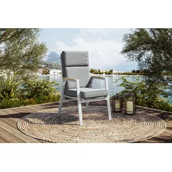 OUTFLEXX Sessel, creme/weiß, Alu/Textilene, mit Teak-Armlehnen, wetterfest, hochwertig, abnehmbarer Bezug