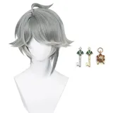 Xingbiyou Al Haitham Cosplay Perücke mit 3 Schlüsselanhänger,Kurze graue Halloween Party Perücken