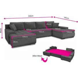 Sofnet Wohnlandschaft mit Schlaffunktion Faris U-Form - Couch, Schlafsofa mit Bettkasten, Couchgranitur mit Bettfunktion, Big Sofa, Bettsofa (Schwarz (Kronos 07))