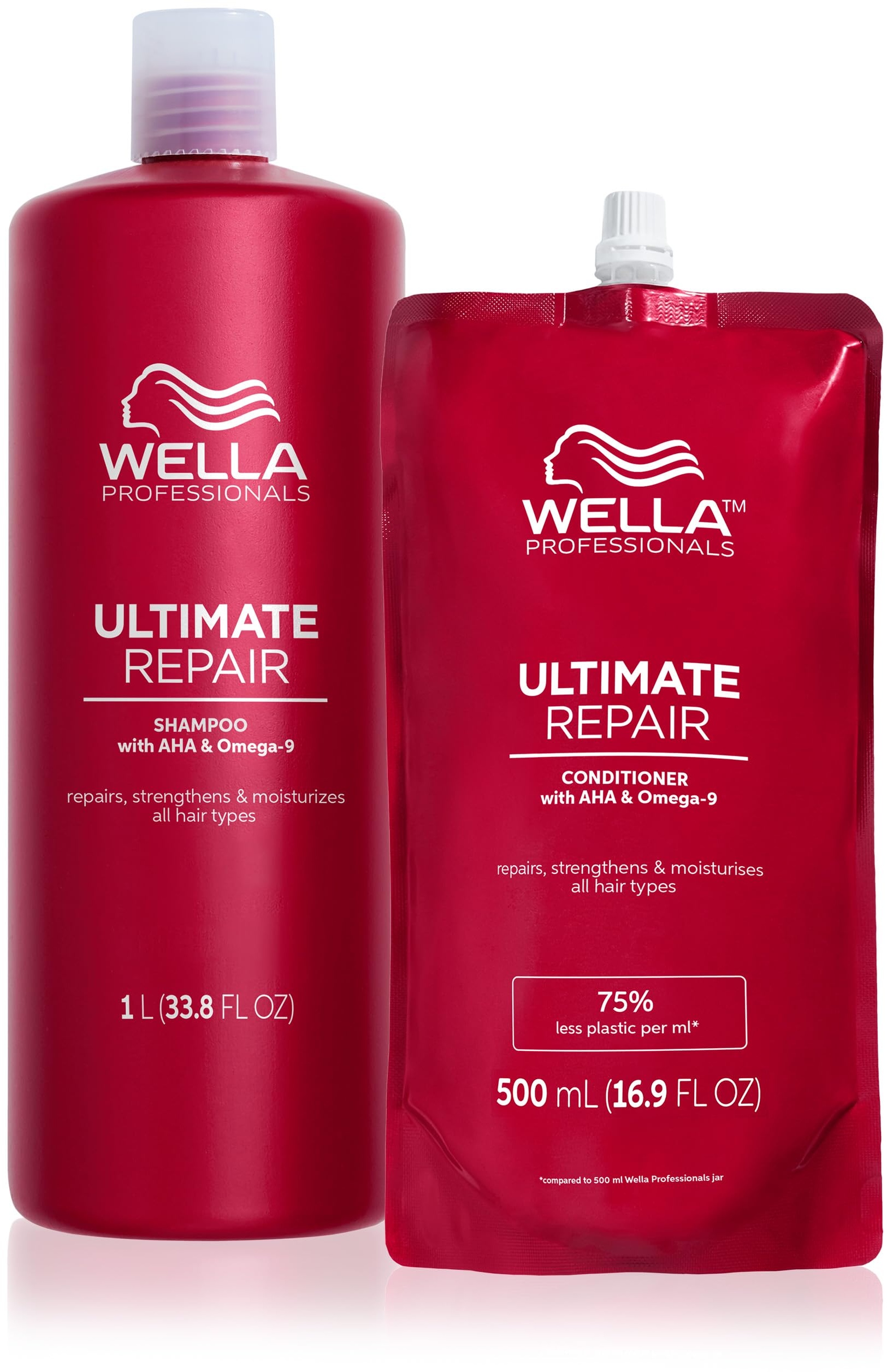 Wella Professionals Ultimate Repair Vorteils-Set – Repair Shampoo zur Tiefenreinigung & reparierende Spülung mit Omega 9 – 1 L Feuchtigkeitsshampoo & 500 ml Conditioner Refill