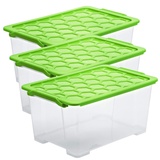 Rotho Evo Safe 3er-Set Aufbewahrungsboxen 44l mit Deckel, lebensmittelechter Kunststoff, grün/transparent