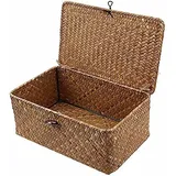 Aufbewahrungskorb aus geflochtenem Rattan, Aufbewahrungsbox mit Deckel, Seegras, Wäschekörbe, Make-up-Organizer für Badezimmer, Wohnzimmer, Küche (M:26 x 16 x 10 cm)