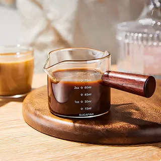 SYXLS Doppeltausen-Messbecher mit Holzgriff, Glas-Kaffeetassen mit Messfunktion, Mini-Glas-Messbecher mit Griff, mit Isoliertem Griff, Perfekt für Zuhause, Büro und Café