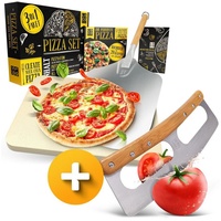 Sidorenko Pizzastein Backstein für Backofen & Gasgrill inkl. Pizzasschieber und Pizzamesser- 4er Set - Pizzastein rechteckig aus Cordierit für knusprigen Pizzaboden wie vom Italiener, Pizzaschieber, Rezeptbuch und Pizzamesser, (4-St)