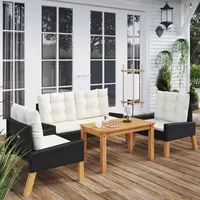 Ankonbej 4-tlg. Garten-Lounge-Set mit Kissen Poly Rattan&Massivholz