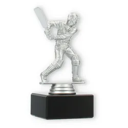 Pokal Kunststofffigur Cricket Schlagmann silbermetallic auf schwarzem Marmorsockel 14,0cm