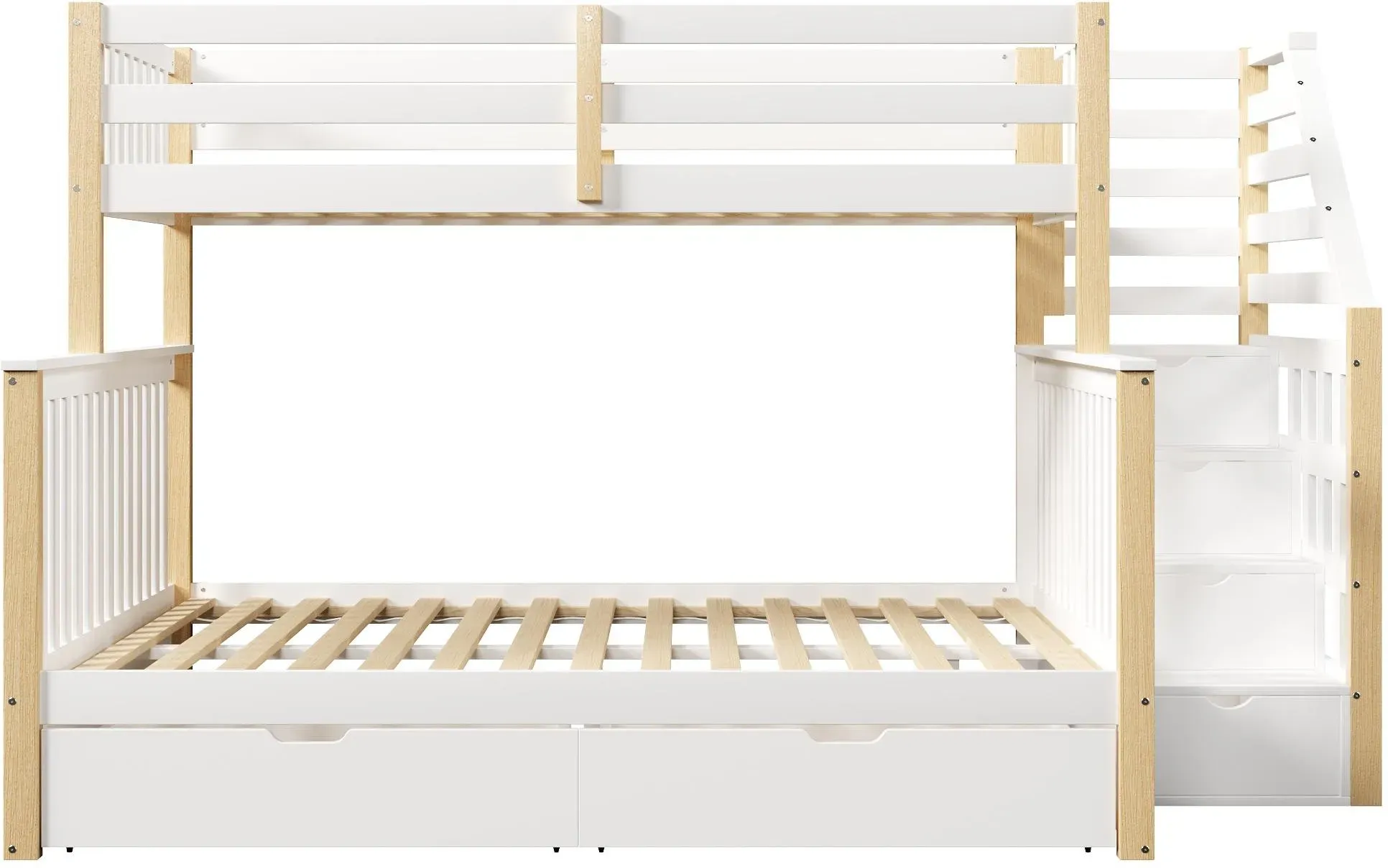 Etagenbett 90x200 über 140x200, erhöhtes Schutzgeländer und Leiter, ohne Matratze, 254x145x150 cm, Weiß+Naturfarbe