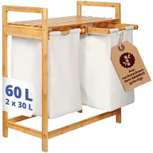 Lumaland Wäschekorb aus Bambus mit 2 ausziehbaren Wäschesäcken | Pflegeleichtes Material, unempfindlich gegen Nässe und leicht abwischbar | Höhe ca. 73cm x 64cm Breite x 33cm Tiefe [Weiss]
