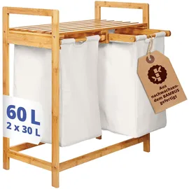 Lumaland Wäschekorb aus Bambus mit 2 ausziehbaren Wäschesäcken | Pflegeleichtes Material, unempfindlich gegen Nässe und leicht abwischbar | Höhe ca. 73cm x 64cm Breite x 33cm Tiefe [Weiss]