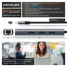 Primewire - USB C HUB mit RJ45 Ethernet - 10/100/1000 Mbit/s - Gigabit Ethernet, LAN Network Adapter - 3 x USB 3.2 Gen.1 A Ports - Notebook