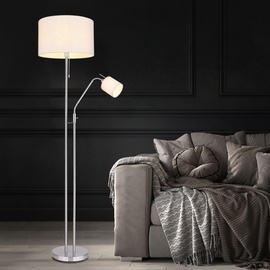 GLOBO Stehleuchte Wohnzimmer sandfarben Deckenfluter mit Leselampe Stehlampe Stoffschirm Zugschalter, Leseleuchte mit Kippschalter, nickel matt, 1x E27 1x E14, DxH 40 x 175 cm