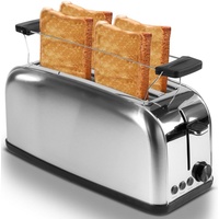 STEINBORG Toaster SB-2070, 2 lange Schlitze, für 4 Scheiben, 1400 W, Edelstahl Gehäuse,Brötchenaufsatz,Krümelschublade silberfarben