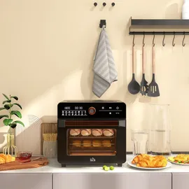 Homcom Minibackofen mit Umluft 20L 3 in 1 Mini Ofen mit Grillrost, Backblech und Krümelblech, 40 °C-220 °C Heißluftfritteuse mit Frittierkorb, Timer, Innenbeleuchtung, 1400W, Edelstahl