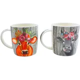 Dekohelden24 2er Set Kaffeebecher Kaffeetasse aus Porzellan - Motiv: Kuh mit Kopfschmuck - Größe H/Ø: 12 x 9 cm, Fassungsvermögen 300ml,