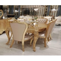 Casa Padrino Luxus Barock Esszimmer Set Rosa / Gold - 1 Barock Esstisch & 6 Barock Esszimmerstühle mit elegantem Muster - Esszimmer Möbel im Barockstil - Edel & Prunkvoll