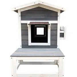 Wiltec Katzenhaus 73,5 x 48 x 104,5 cm aus Holz, Katzenhütte Outdoor, Lodge Katzenhöhle mit Terrasse und Fluchttür