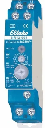 Eltako Phasenwächter, 230V, min.Rück=0,1s, max.Rück=8s, Funktion Phasenfolgeüberwachung, Funktion Phasenausfallerkennung, Funktion Unterspannungserkennun